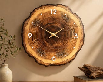 Rustic Wood Slice Wall Clock, Natural Tree Ring Farmhouse Decor