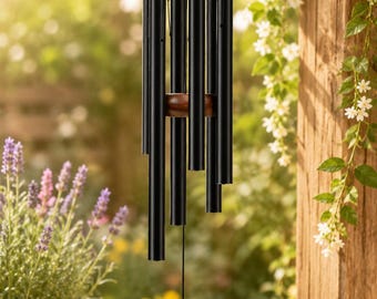 Large Deep Tone Aluminum Wind Chime, Wooden Accents, Boho Garden Decor
