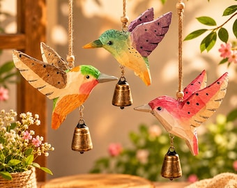 Handcrafted Wooden Hummingbird Wind Chime | Colorful Garden Ornament, Cottagecore Decor Bell Charm
