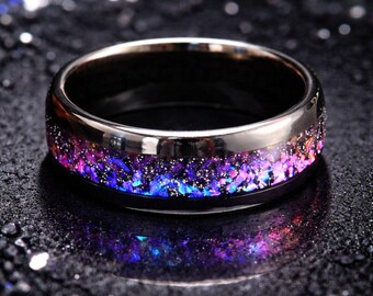 Galaxy Opal Inlay Ring – Stainless Steel Band, Cosmic Space Style
