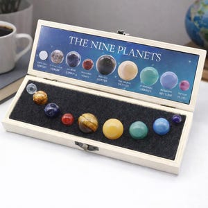 May include: A wooden box displaying a set of nine planet-shaped gemstones. The box lid features the text "THE NINE PLANETS" with illustrations of each planet. The gemstones are various colors, including yellow, blue, and brown, and are arranged in a row.