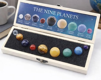 Nine Planet Stone Spheres – Natural Solar System Crystal Models in Wooden Box