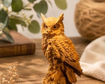 Hand Carved Wooden Owl Statue | Rustic Woodland Figurine Decor, Nature Inspired Wood Carving