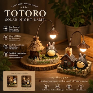 May include: A solar-powered Totoro night lamp with a warm LED light. The lamp features a whimsical Totoro design with a tree house and cottage house option. The lamp is durable and built for indoor or outdoor use.