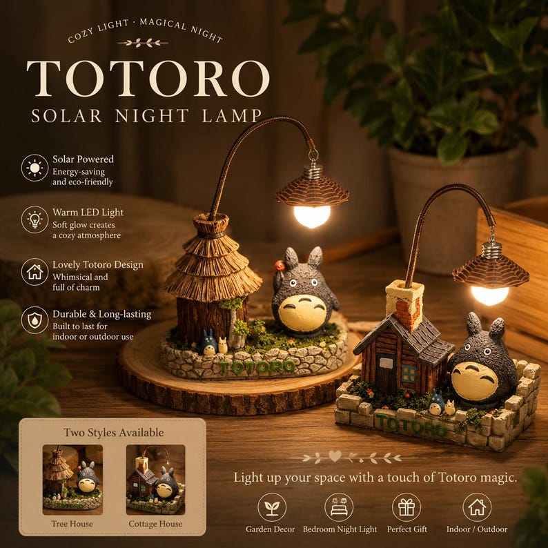 May include: A solar-powered Totoro night lamp with a warm LED light. The lamp features a whimsical Totoro design with a tree house and cottage house option. The lamp is durable and built for indoor or outdoor use.