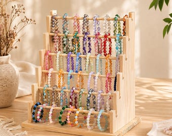 Minimalist Wooden Jewelry Organizer Stand, 6 Tier Bracelet Display Holder, Natural Wood Rack