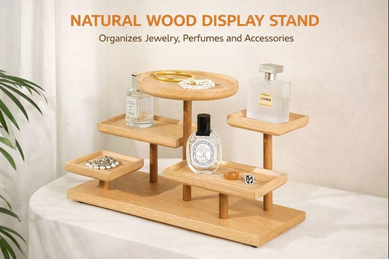 May include: A natural wood display stand with multiple tiers, holding jewelry, perfumes, and accessories. The stand features a rectangular base and several small, square and round trays supported by wooden posts. The text "NATURAL WOOD DISPLAY STAND" is visible.