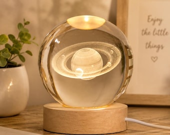 3D Solar System Crystal Ball Lamp, Engraved Planets Night Light, Wooden Base Globe Decor