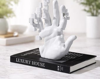Modern Pixel Hand Sculpture – Abstract White Art Statue – Minimalist Home Office Decor