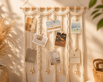 Large Macrame Photo Display Wall Hanging | Boho Picture Organizer | Polaroid Photo Holder
