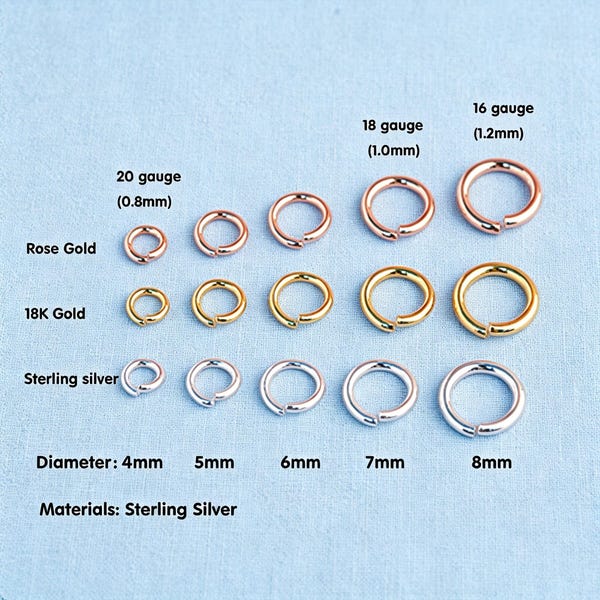 10PCS- Sterling Silver Open Jump Rings, 3mm-10mm, 14G-24G, 18K Gold, Rose Gold & Platinum Plated Findings for Jewelry Making, SS00001SP