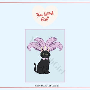 May include: A black cat with a pink bow tie and a feathered headdress, set against a light blue background. The image includes the text "You Stitch Girl!" and "Show Black Cat Canvas".