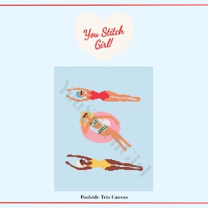 May include: A canvas print featuring three pixelated figures in swimwear floating in water. The top figure wears a red swimsuit, the middle figure is in a pink inflatable ring, and the bottom figure wears a yellow swimsuit. The text "You Stitch Girl!" is above the figures.
