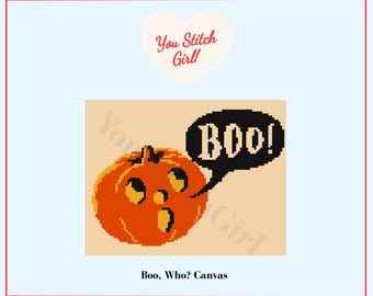 May include: A pixel art design featuring an orange pumpkin with a surprised facial expression and a black speech bubble containing the white text BOO!. The design is set against a light beige background with the text You Stitch Girl! above.