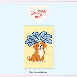 May include: A cross-stitch design of a brown and white dog wearing a blue feather crown. The image includes the text "You Stitch Girl!" in a heart shape and "Show Cavapoo Canvas" at the bottom.