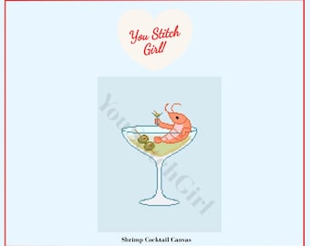 Shrimp Cocktail Nadelspitze Muster | Preppy Martini Glas Design | Küsten Barwagen Dekor | 18 Mesh PDF-Diagramm