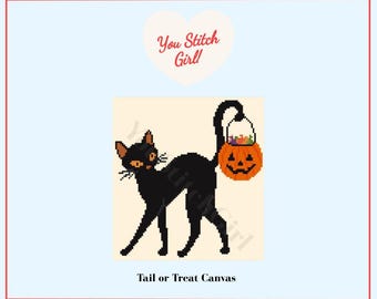 May include: A cross-stitch pattern featuring a black cat with orange eyes, arched back, and a tail holding a jack-o'-lantern bucket filled with colorful candy. Above the cat is a heart with the text You Stitch Girl and below is the text Tail or Treat Canvas.