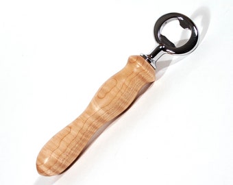 Bottle Opener, Chrome plated, Curly Maple, wooden handled