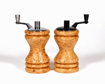 Maple burl salt mill and pepper mill set, salt and pepper grinder set, salt and pepper mill set, Maple Burl, Ferris mini-grinder set