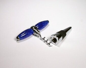 Wine Bottle Stopper & Corkscrew Combination, Blue Fleck Acrylic, Christmas Present, Housewarming Gift