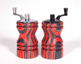 Hand Turned Red & Black Mini Grinder Set, Birch Wood Salt and Pepper Mill