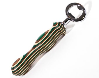 Bottle Opener, Chrome plated, Camo Birch veneer, laminated wooden handled