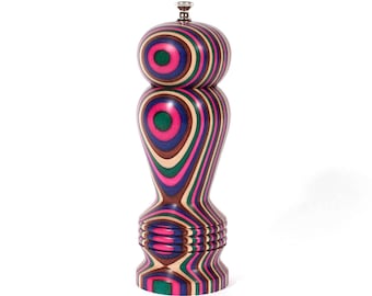 Hand Turned Haynes Pepper Mill, Five Color Laminated Birch, 8 inch