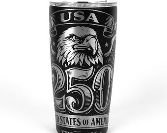 Vaso conmemorativo del 250 aniversario de EE. UU., grabado con diseño patriótico de águila calva, 1776–2026, 591 ml (20 oz), acero inoxidable negro.