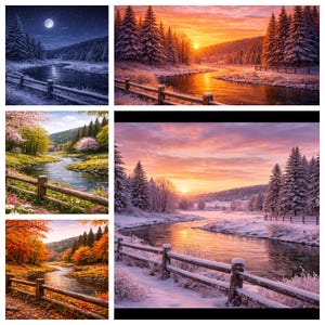 May include: A series of landscape paintings showing a river flowing through a valley. The scenes depict different seasons: a snowy winter, a vibrant sunset, a spring bloom, and autumn colours. Each image includes a wooden fence along the riverbank and evergreen trees.