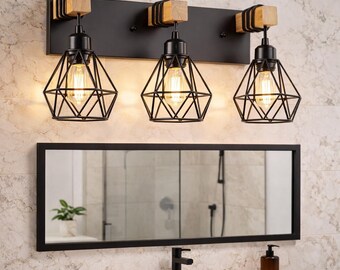Farmhouse Bathroom Vanity Light with Wood Accents, Rustic Wall Sconce Fixture for Mirror Lighting