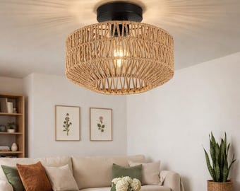 Handwoven Bamboo Ceiling Pendant Light, Natural Rattan Chandelier for Living Room