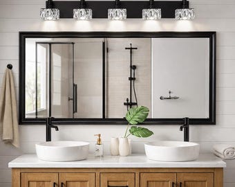 Modern LED Bathroom Vanity Light with Six Crystal Glass Shades, Matte Black Wall Fixture