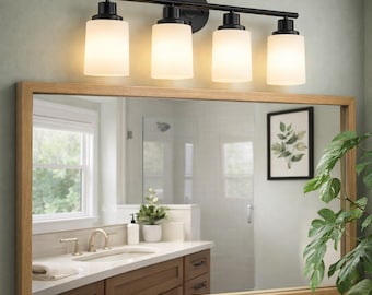 Modern Bathroom Vanity Light with Frosted White Glass Shades, Black Iron Wall Sconce Light