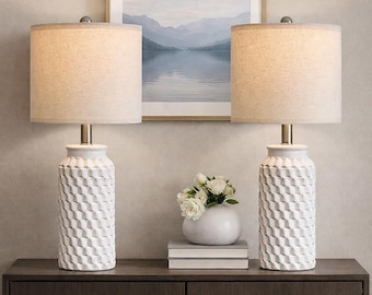 White Modern Ceramic Table Lamps for Set of 2, Farmhouse Bedside and Desk Lighting for Office