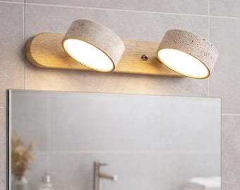 Wabi Sabi Travertine Wall Light with Dual Rotating LED, Modern Stone Vanity Fixture for Bathroom