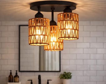 Boho Rattan Ceiling Light Handwoven Pendant Chandelier, Natural Flush Mount Lamp