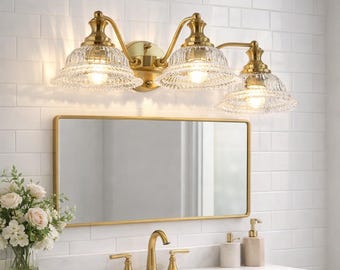 Vintage 3-Light Bathroom Wall Sconce with Golden Metal Frame and Glass Shades