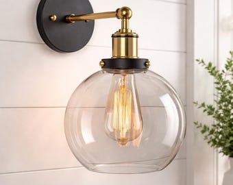 Industrial Wall Sconce with Glass Shade, Loft Retro Vintage Wall Lamp for Bedroom