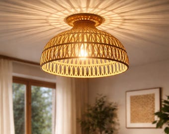 Wabi Sabi Handwoven Wicker Ceiling Light with E27 Base, Natural Vintage Lamp
