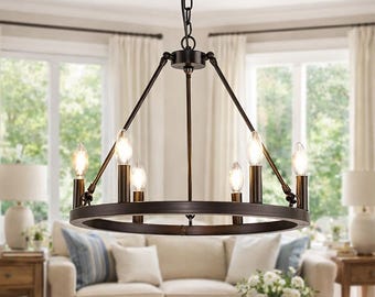 Black Wagon Wheel Chandelier with Candle-Style Pendants, Modern Rustic Farmhouse Ceiling Light