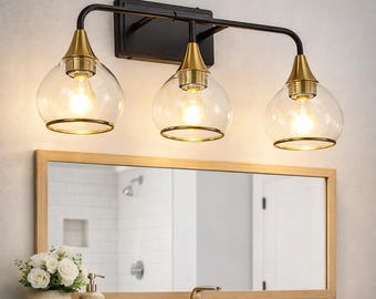 Modern 3-Light Vanity Wall Sconce with Black and Gold Metal Frame, Bathroom Wall Lighting Fixture