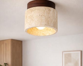 Wabi-Sabi Style Ceiling Light with Warm Yellow Stone Texture, Retro Minimalist Flush Mount Lighting