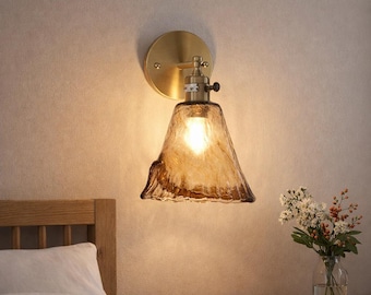 Nordic Retro Brass Glass Wall Lamp, Japanese Inspired Bedside Sconce for Bedroom