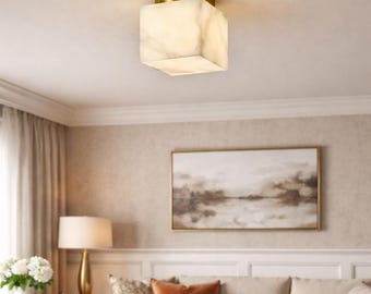 Cube Natural Marble Ceiling Light with Gold Copper Accent, Stone Lamp for Bedroom