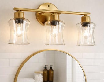 Brushed Gold 3-Light Bathroom Vanity Light, Clear Glass