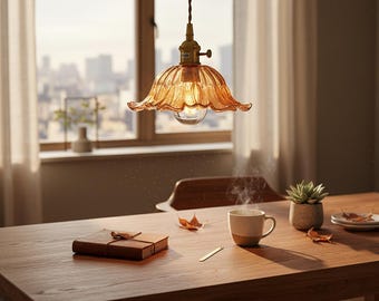 Nordic Modern LED Flower Pendant Light with Green Glass Shade, Elegant Hanging Ceiling Lamp