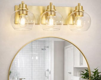Gold Bathroom Vanity Light with Three Lights, Brushed Brass Wall Sconce Fixture