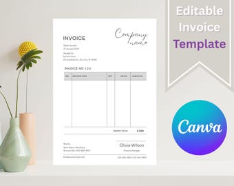 Canva Editable Invoice Template, Minimalist Business Invoice, Printable and Digital Invoice Form, Small Business Billing Template.
