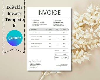 Clean invoice design. Minimalist Business Invoice Template for Services, Editable Professional Canva Design, A4/Letter, Instant Download