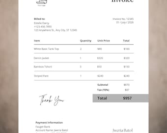 Clear Invoice Design Template, Clean and Simple Invoice, Editable Invoice Canva. Minimalist Invoice Template, Small Business Invoice Form.